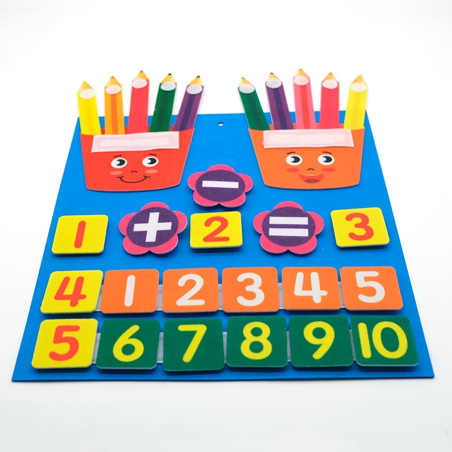 Felt Numbers reken- en sorteerspel, ontworpen om kinderen te helpen bij het leren van cijfers en basisrekenen.

