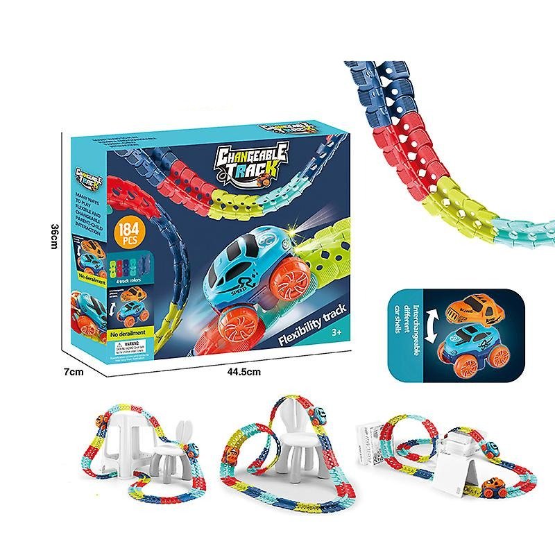 RaceFlex racewagen track set met flexibele stukken en een LED-verlichte auto voor eindeloos racen.
