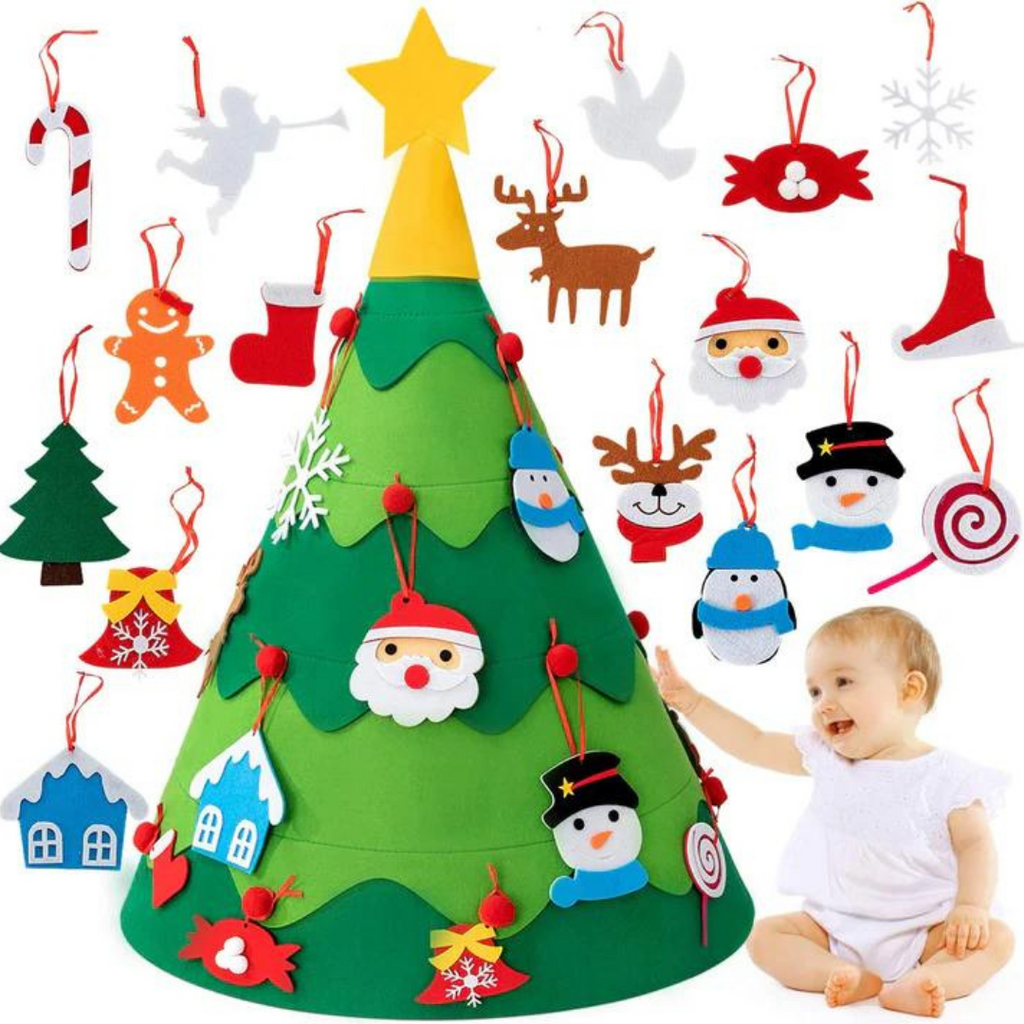 Viltboom DIY kerstboom decoratieset van vilt voor kinderen om zelf te versieren.
