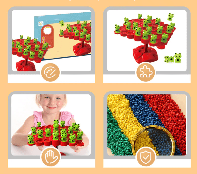 Leuk en leerzaam balansspel met kikkers voor kinderen.