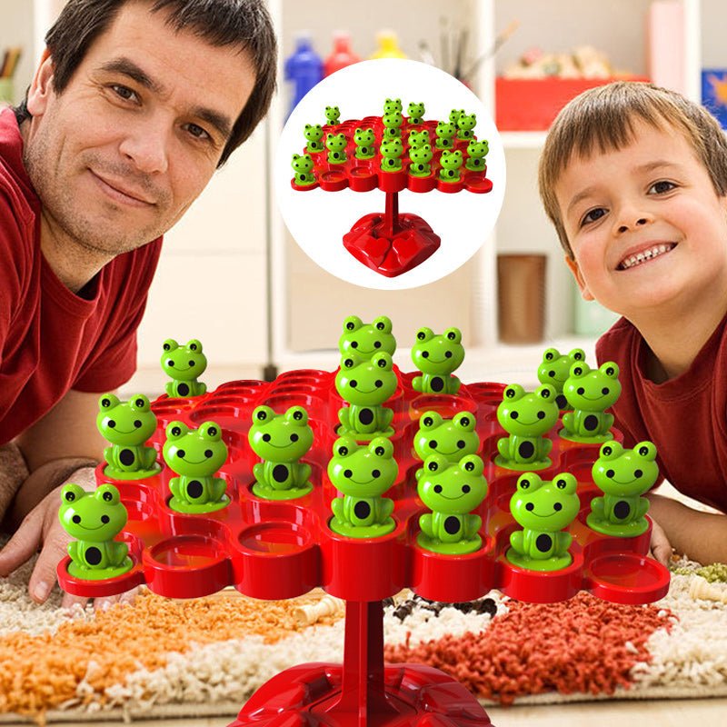 Educatief balansspel met schattige kikkers voor kinderen.