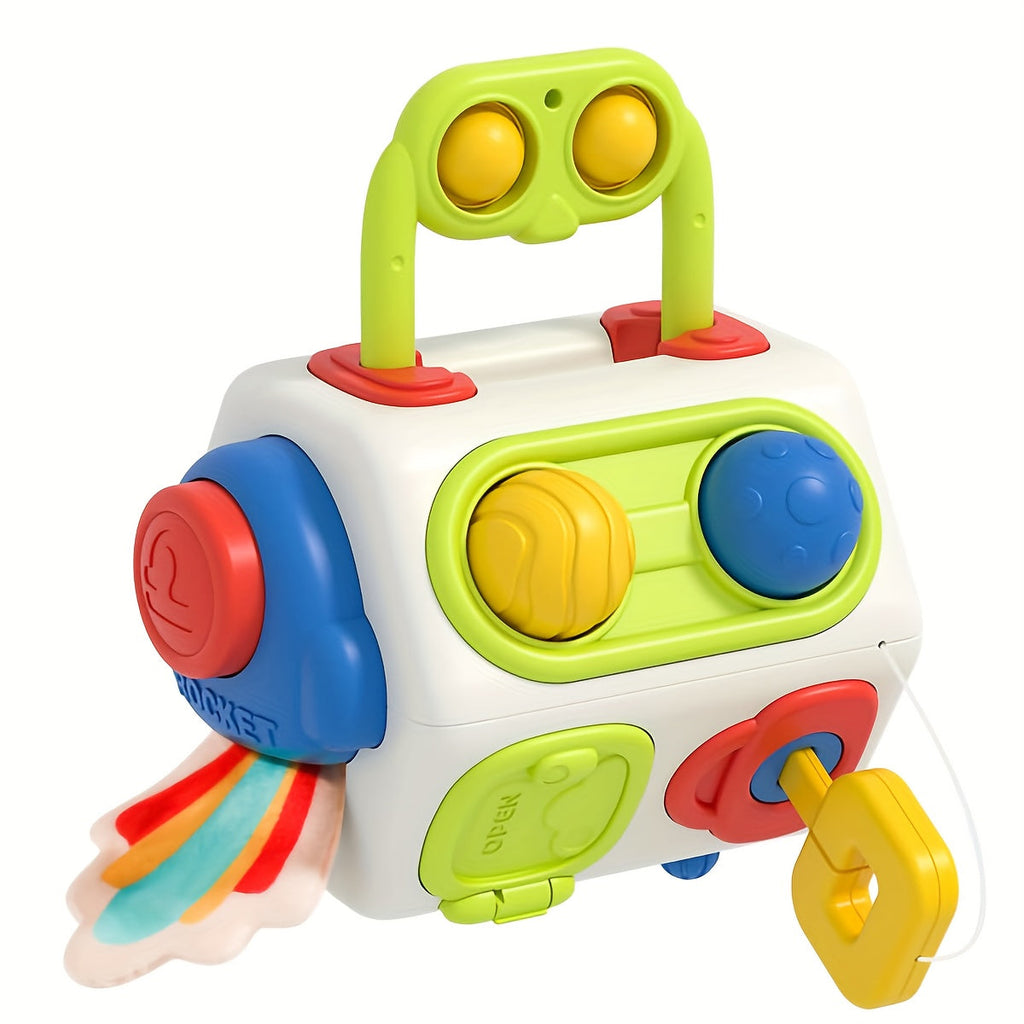Interactief kubus speelgoed dat de zintuigen stimuleert en kinderen vermaakt.