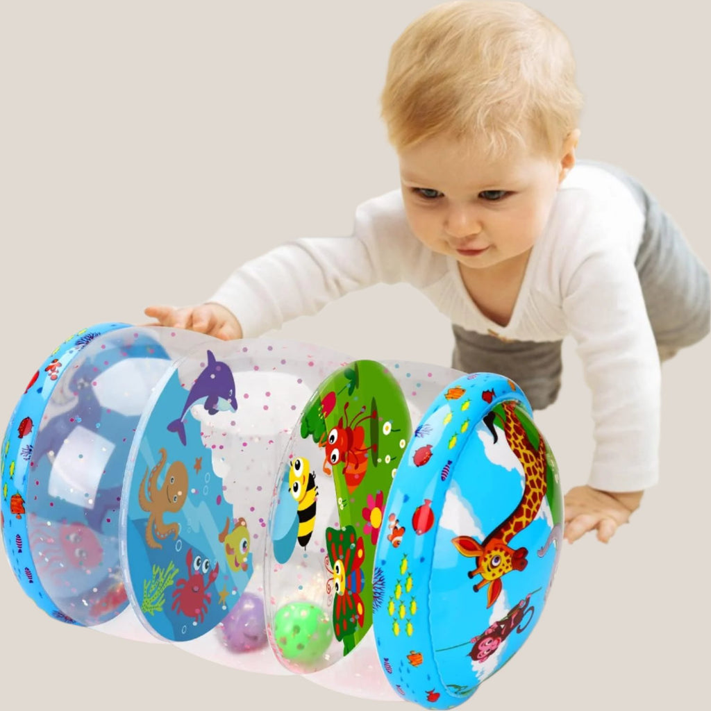 RollPlay - Opblaasbare Speelrol Voor Baby's Met Kleurrijke Illustraties, ontworpen om beweging en zintuiglijke stimulatie te bevorderen.