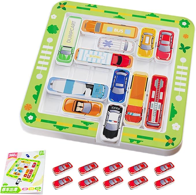 Auto doolhofspel met kleurrijke voertuigen op een speeltafel.