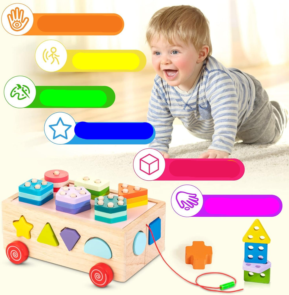 ShapeCart - Houten Sorteer- En Blokkenwagen Voor Kinderen, ideaal voor het combineren van bouwen en sorteren.