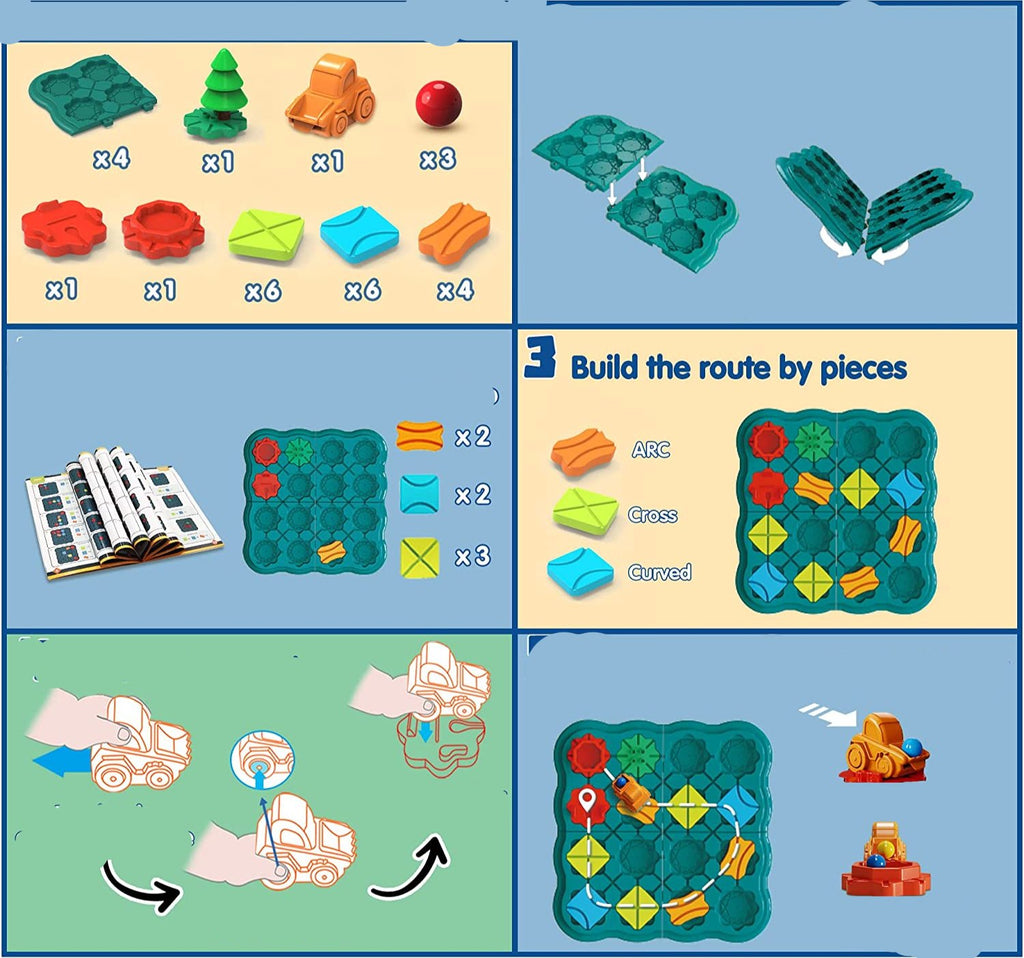 PuzzelPad spel voor kinderen, waarbij ze strategisch moeten denken om het voertuig naar de juiste bestemming te leiden.
