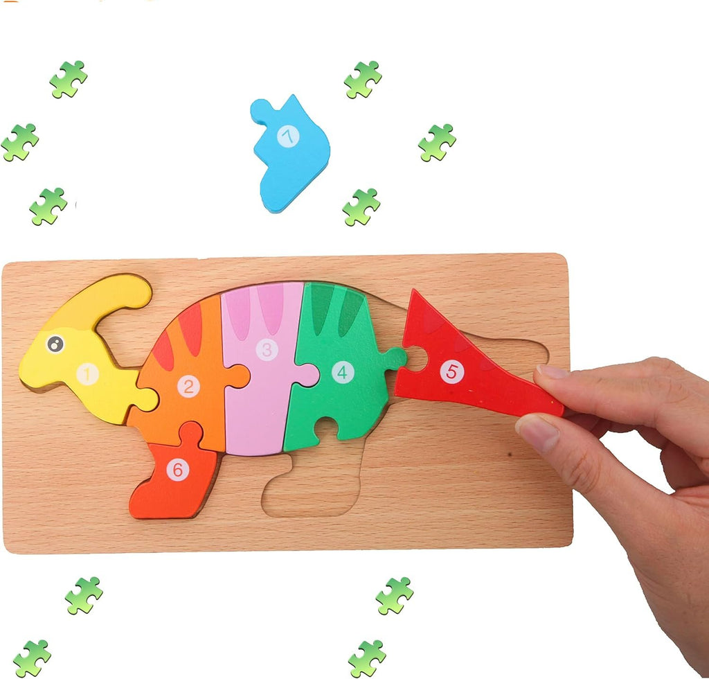 DinoPuzzle - Houten Dinosaurus Puzzel Voor Kinderen, ideaal om motorische en cognitieve vaardigheden te ontwikkelen.