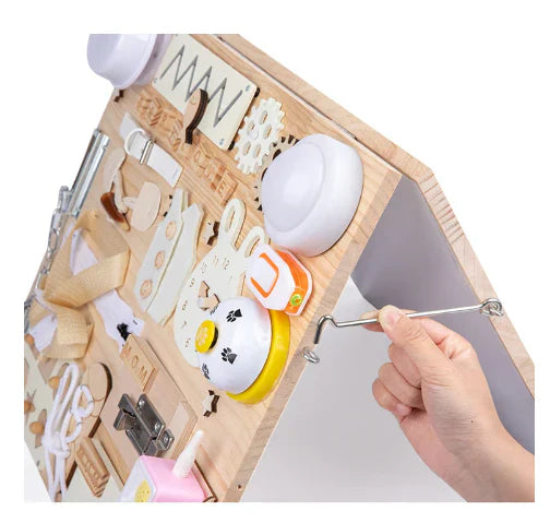 PlayZingo wooden activity board with various learning functions and an integrated drawing board.