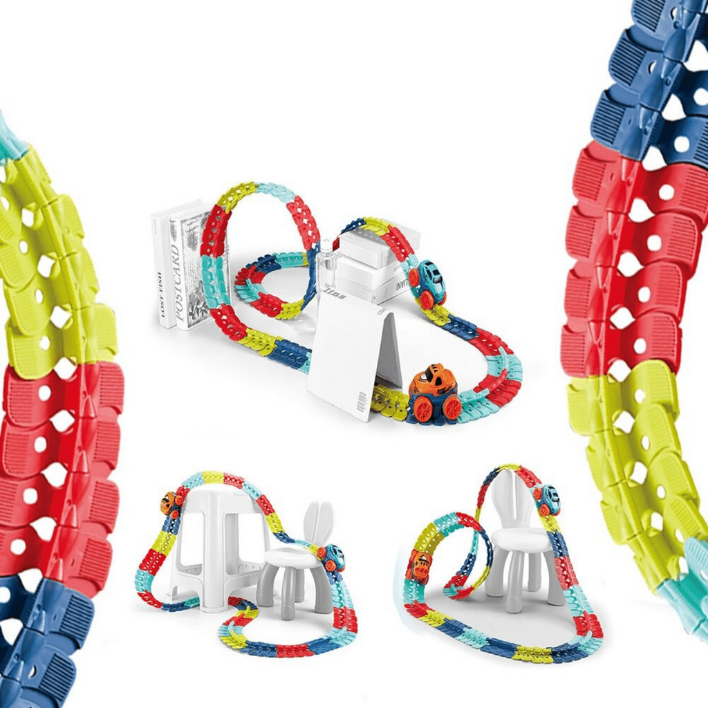 RaceFlex racewagen track set met flexibele stukken en een auto die licht geeft voor een magische race-ervaring.
