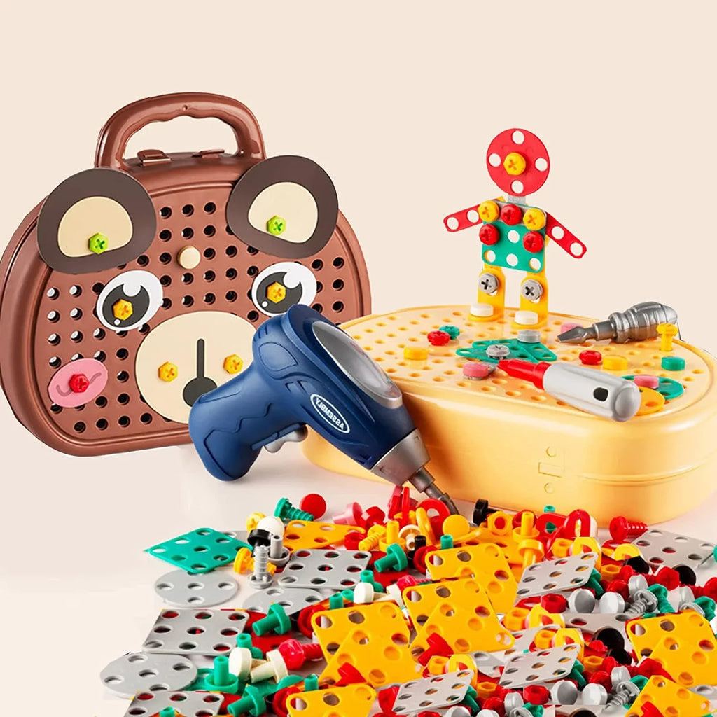 MakerSet educatieve speelgoedset met constructieonderdelen en kindvriendelijk gereedschap, ideaal voor fantasierijk spel.





