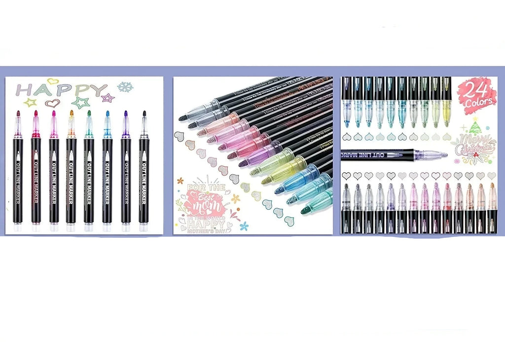 Presentatie van "OutlineMagic - Metallic Outline Marker Voor Creatieve Projecten", een must-have tool voor kunstenaars en hobbyisten.