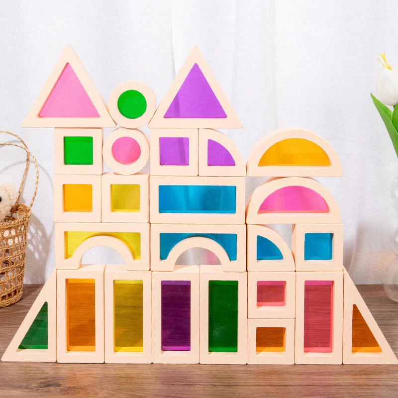 KleurenBouw Houten bouwblokken met gekleurde panelen voor creatief en educatief spel.