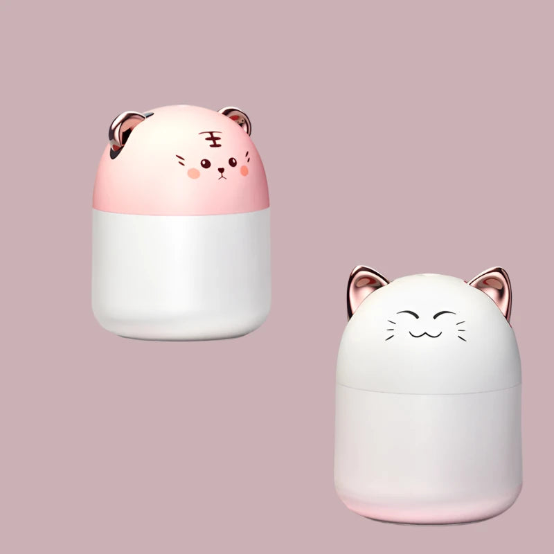 Schattige kattenluchtbevochtigers met lekvrij ontwerp en slimme veiligheidsfuncties op een minimalistische achtergrond.
