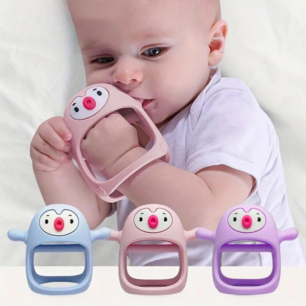 Baby bijtspeeltje van voedselveilig siliconen, ontworpen om het tandvlees te verzachten.