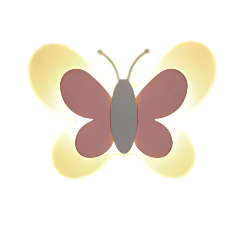 Modern ontworpen vlinderlamp als speelse toevoeging aan de wanddecoratie.

