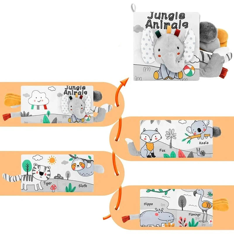 LittleJungle zacht en veilig kleurboek voor baby's, met een jungle avontuur om in te kleuren.
