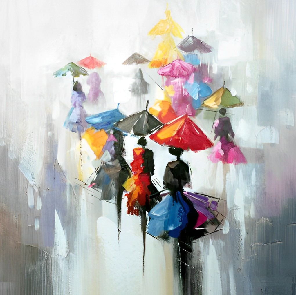 Moderne wanddecoratie met abstracte kunst van mensen en paraplu's in de regen.
