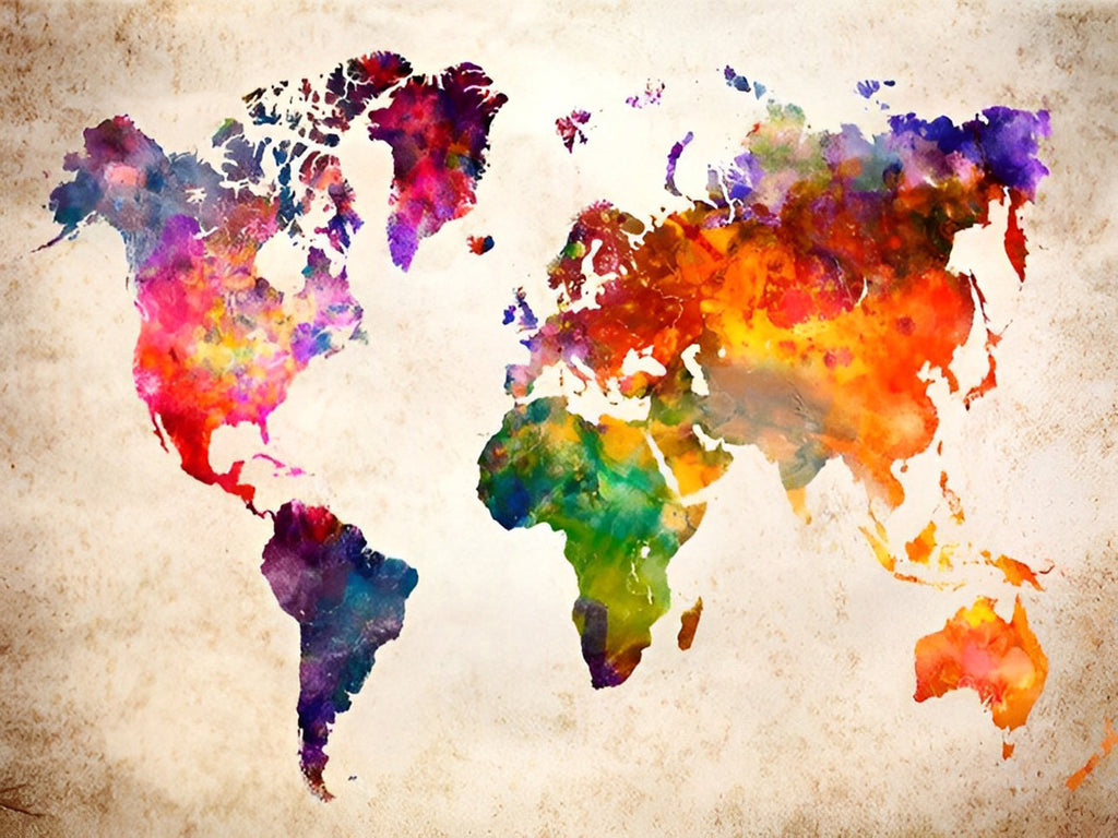 Kleurrijke wereldkaart met abstract aquarel design op canvas wanddecoratie.