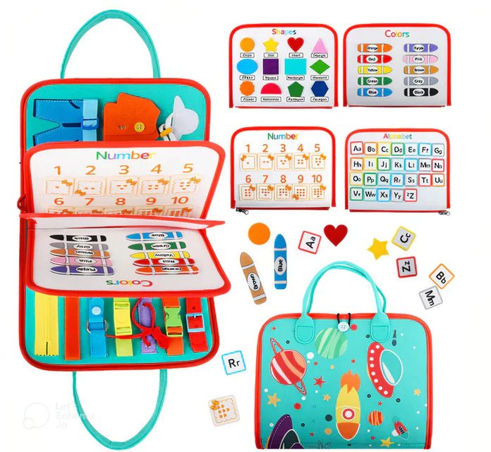EduKit educatieve activiteitenrugzak met interactieve spellen om leren en spelen te combineren.
