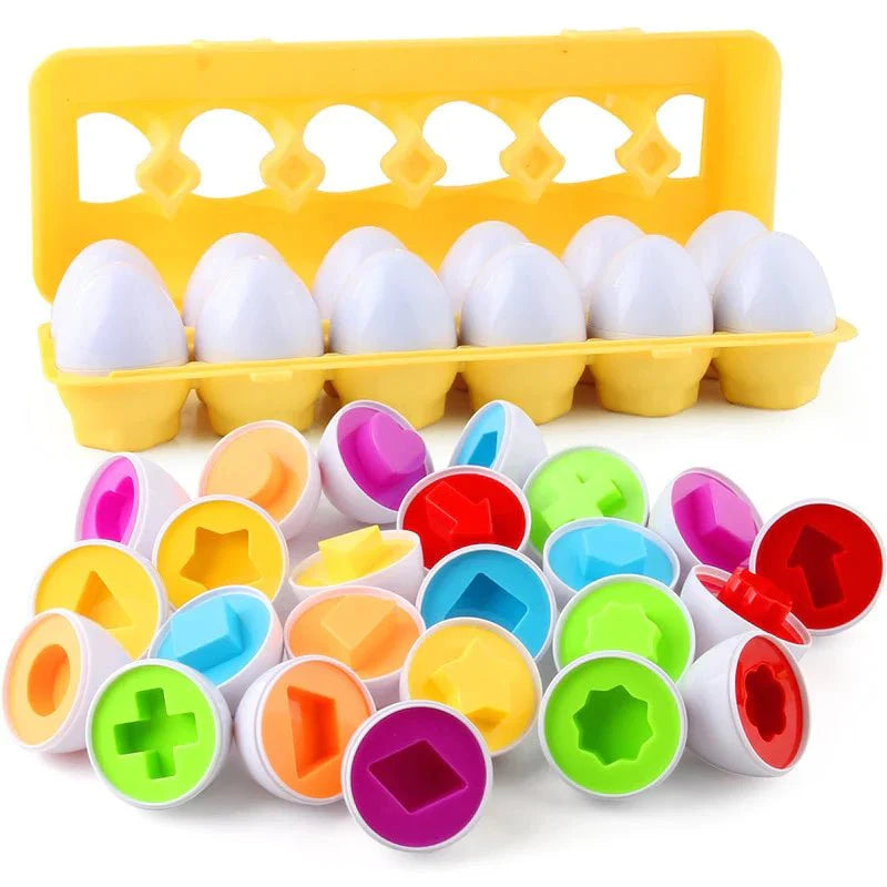 PuzzleEggs educatief spel met sorteerbare eieren voor kinderen om vormen te leren herkennen.
