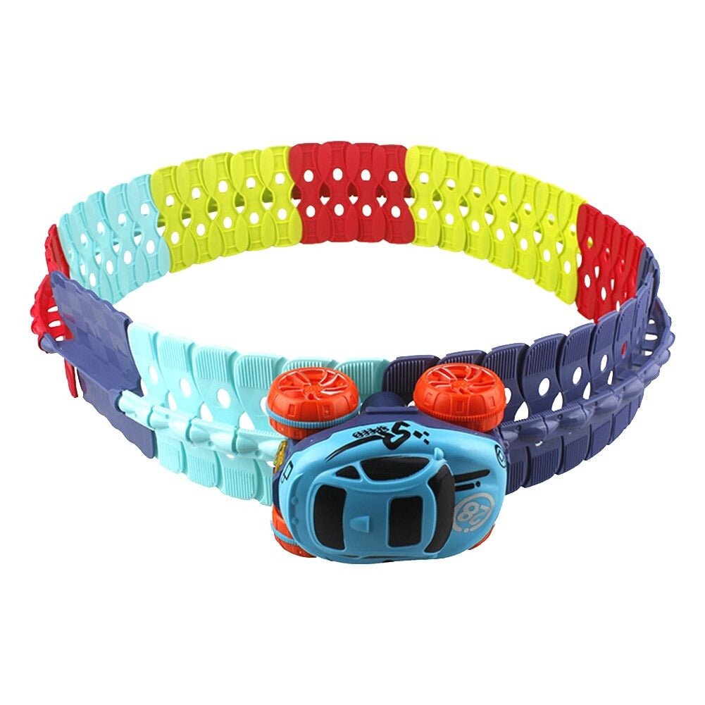 RaceFlex racewagen set voor kinderen, met flexibele baanonderdelen en een oplichtende auto voor extra spektakel.
