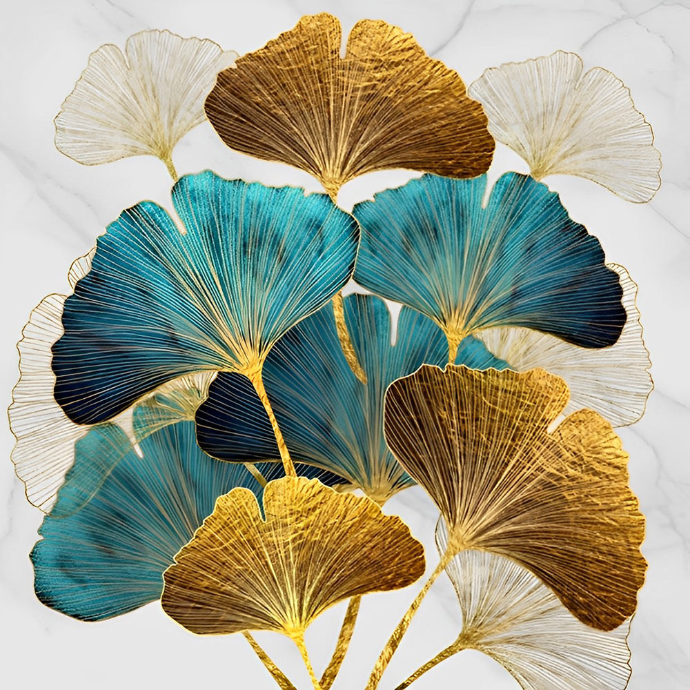 Botanische kunst met gouden en blauwe bladeren op canvas wanddecoratie.