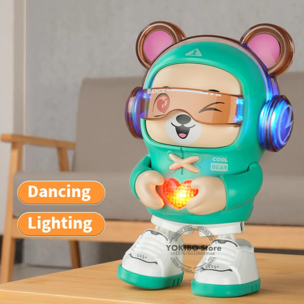 Dansende speelgoedbeer met een hartvormig licht en vrolijke bewegingen.