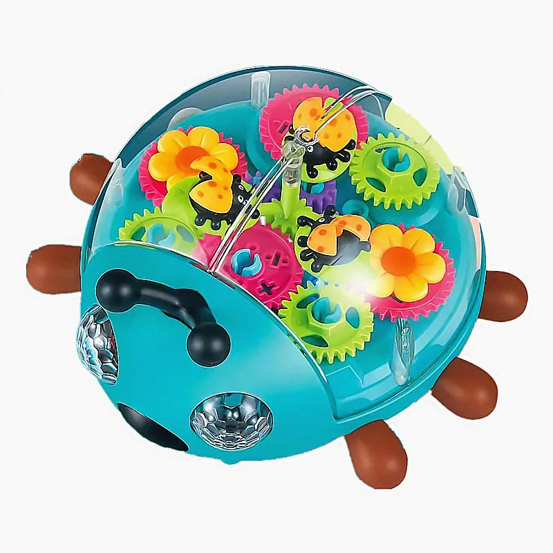 Baby verkent een interactief speeltje met kleurrijke tandwielen en projecties.