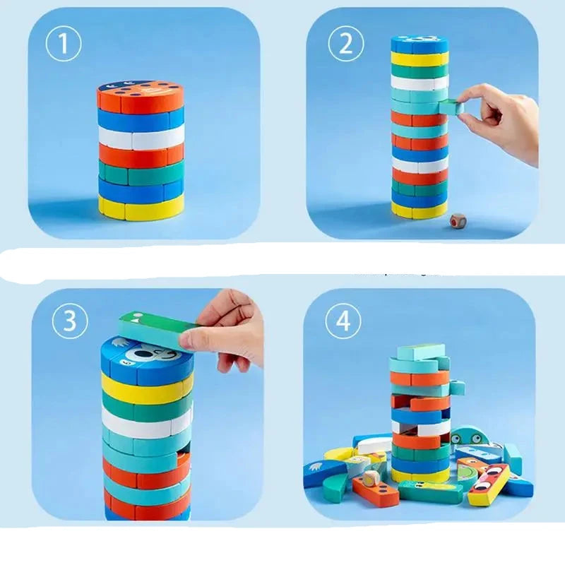 Gezinsvriendelijk spel met houten bouwblokken en een dobbelsteen.