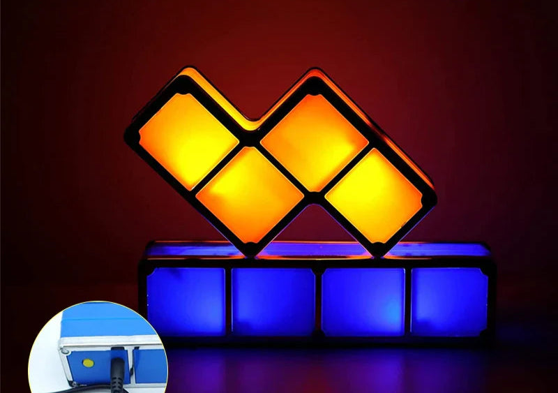 Close-up van lichtgevende blokken in verschillende kleuren.