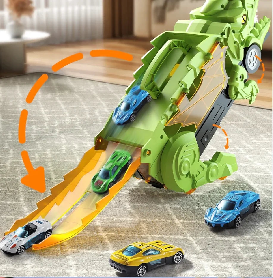 Groene dino-racebaan met auto’s die uit de bek schieten.