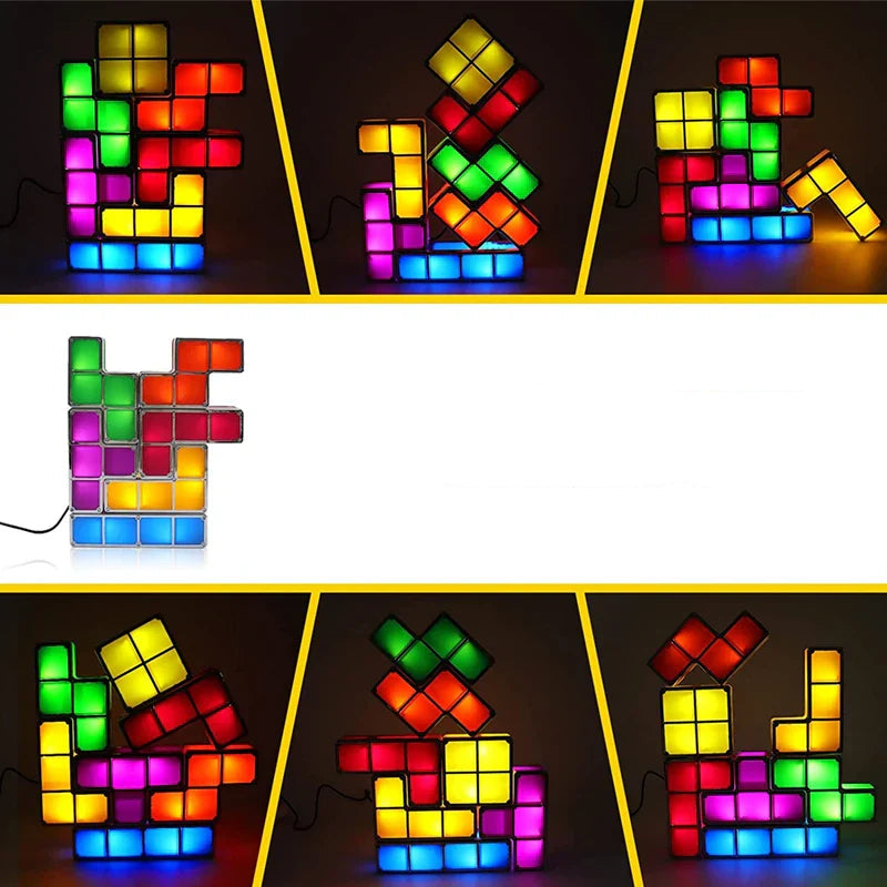 Tetris lamp met kleurrijke LED-blokken in een donkere kamer.