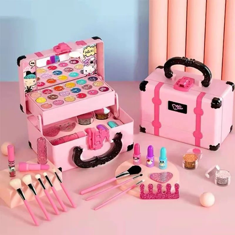 Draagbare make-up speelgoedset in een schattige roze koffer.