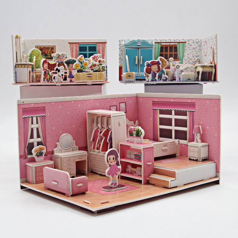Schattige 3D kamerpuzzel met roze meubels en een speelfiguur.