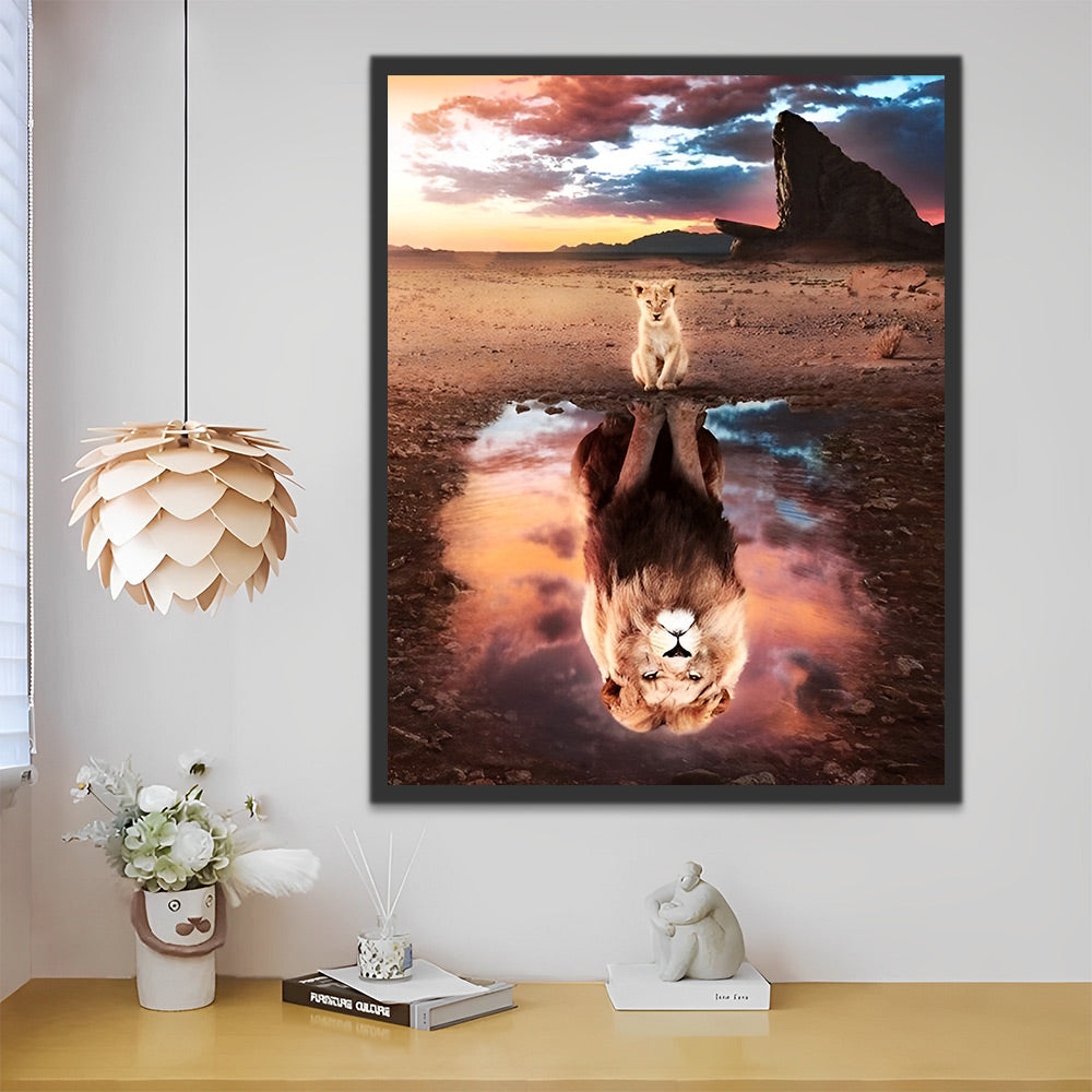 Inspirerend canvas kunstwerk dat moed en kracht symboliseert met een leeuw.