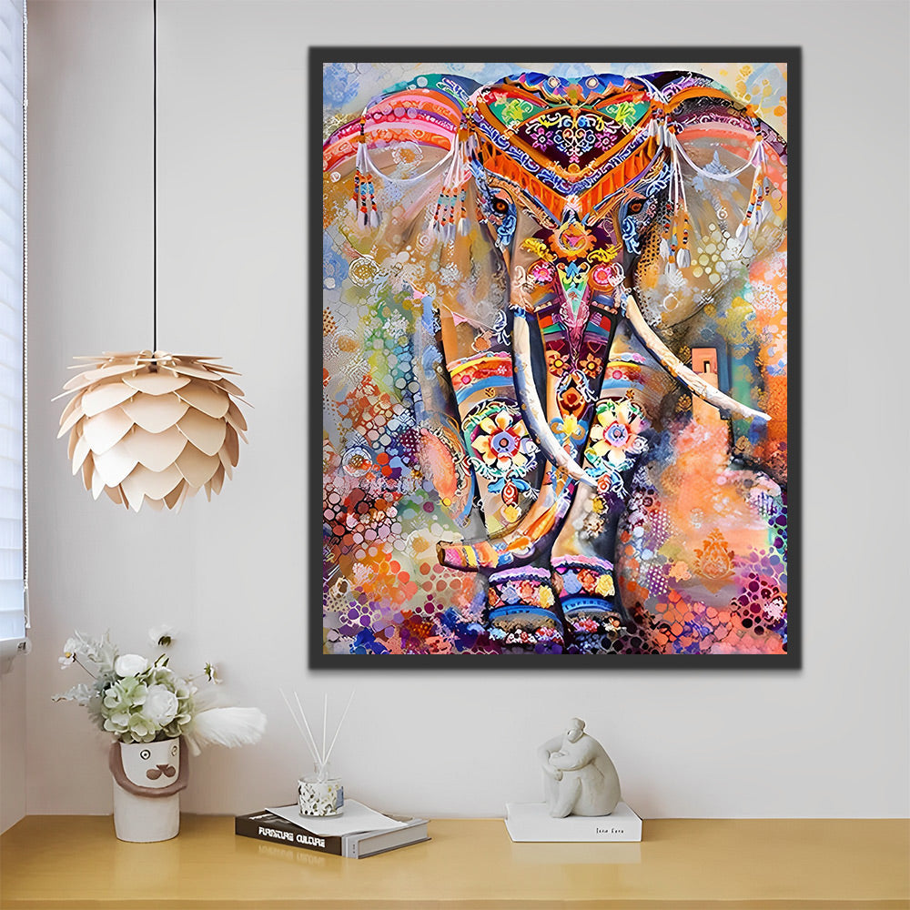 Artistieke canvasdecoratie met een gedetailleerde en levendige olifantenafbeelding.
