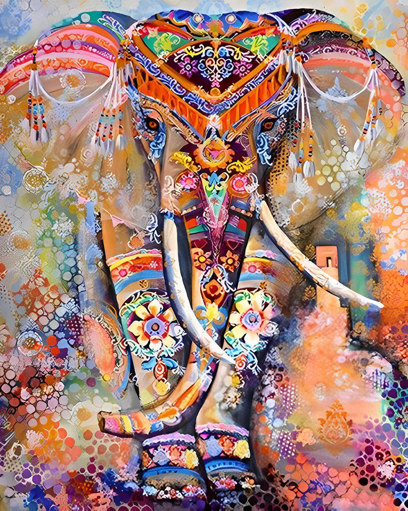 Boheemse olifant wandkunst met een kleurrijk abstract design op canvas.
