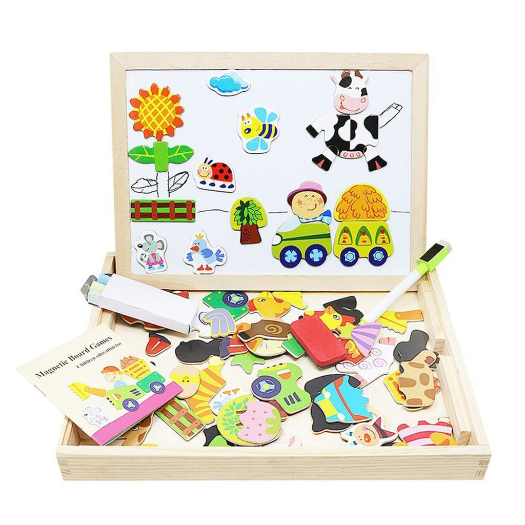 Foto van "CreativityBox - Magnetisch Houten Tekenbord En Puzzelset Voor Kinderen", een leuke combinatie van tekenen en puzzelen.