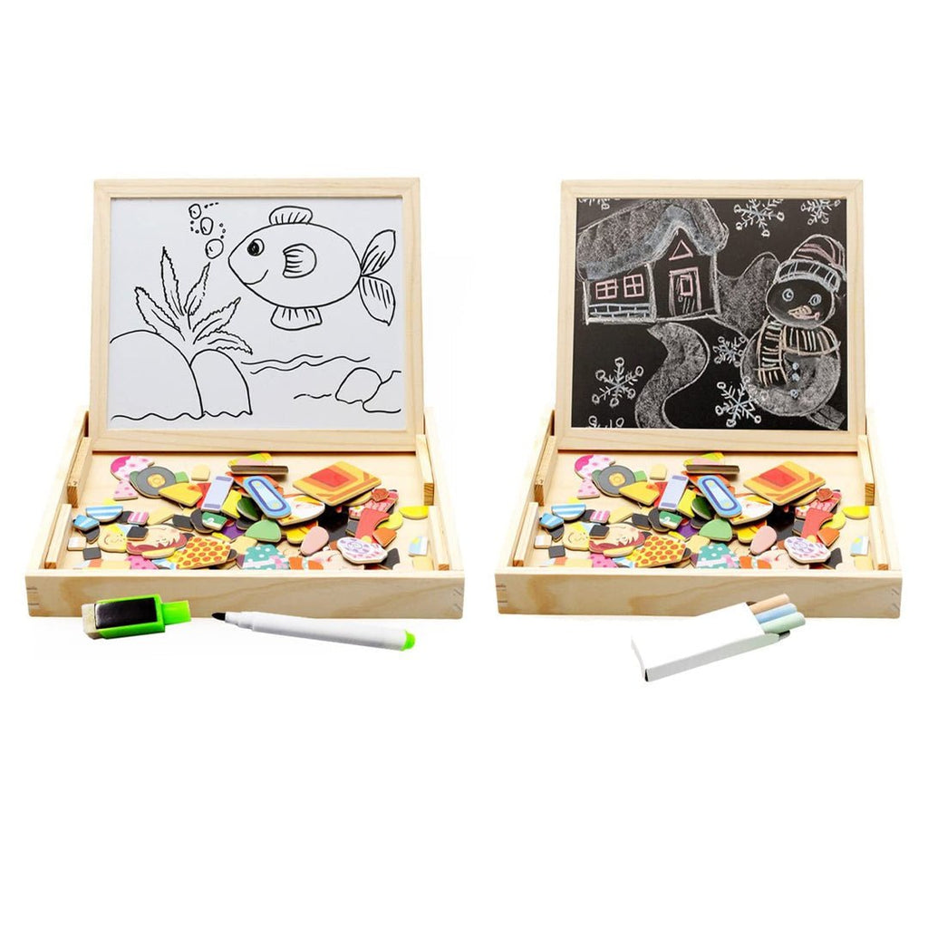 Detailopname van "CreativityBox - Magnetisch Houten Tekenbord En Puzzelset Voor Kinderen", ontworpen om creativiteit en probleemoplossend vermogen te stimuleren.