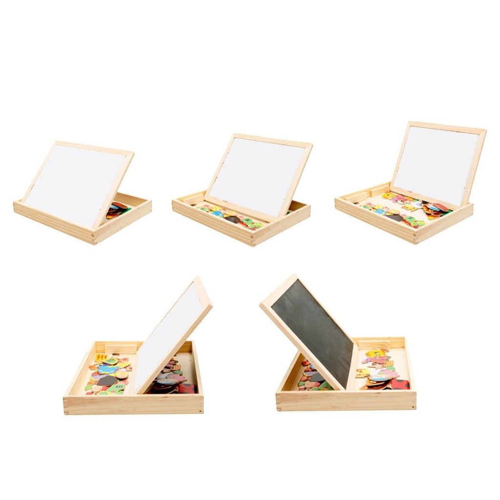 Overzicht van "CreativityBox - Magnetisch Houten Tekenbord En Puzzelset Voor Kinderen", een activiteitenset voor eindeloos plezier en educatie.