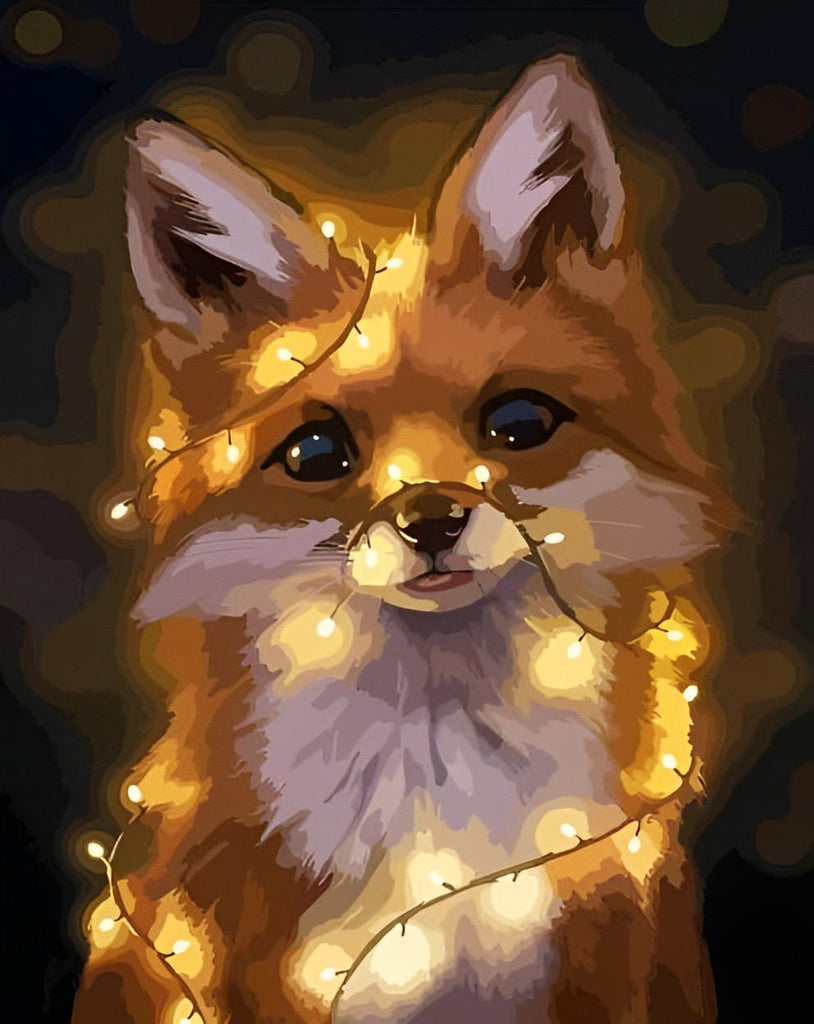 Schattige vos wandkunst met sprookjesachtige lichtjes op een sfeervol canvas.
