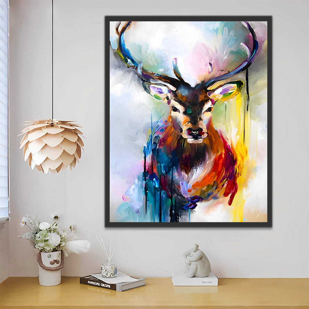Levendige wanddecoratie met een expressieve hertenillustratie in abstracte stijl.
