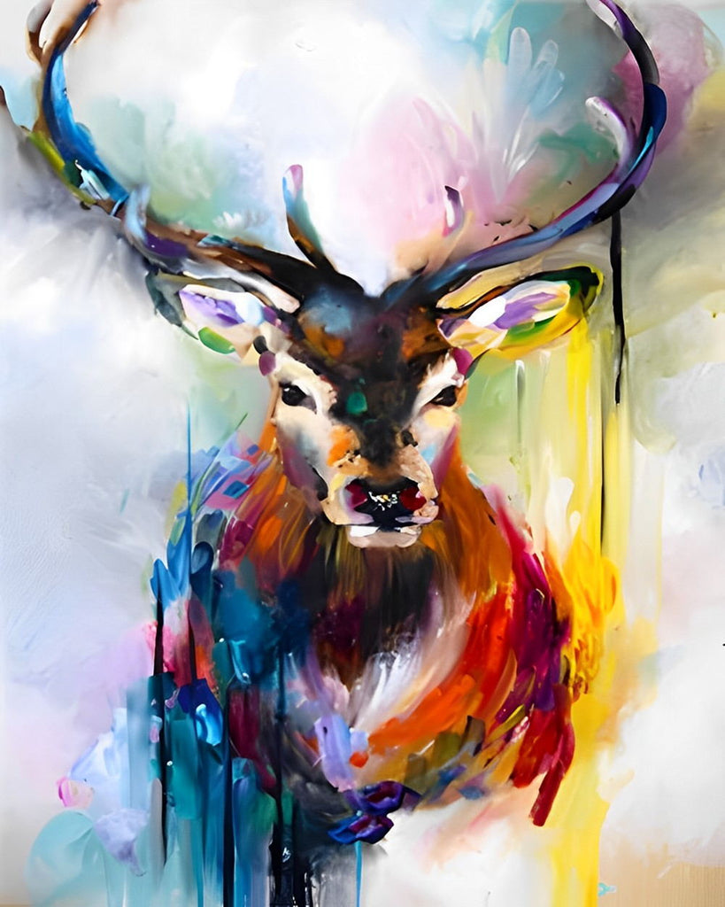 Abstracte hertenschilderij met een kleurrijk en modern design op canvas.
