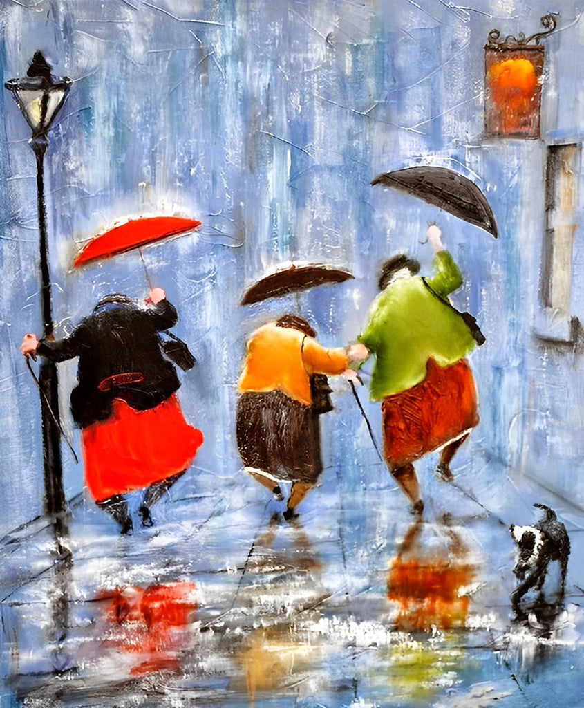 Dansen in de regen wanddecoratie met kleurrijke abstracte kunst op canvas.