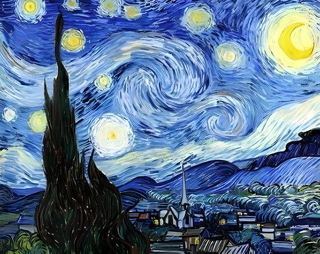 Sterrennacht replica op canvas geïnspireerd door Vincent van Gogh's meesterwerk.