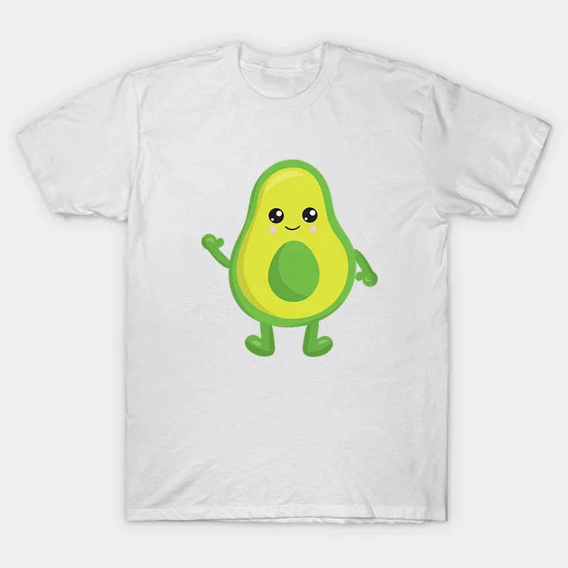 Vader en moeder hand in hand met kinderen in avocado-shirts.
